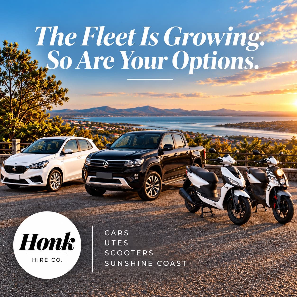 Honk Hire Co fleet — car, ute, and scooters on the Sunshine Coast